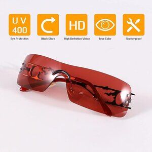 Red Rimless Y2k  Rectangle Vintage Fashion Flame Metal Sunglasses For Women Men